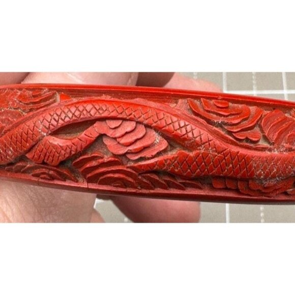 Vintage Hand-Carved Red Cinnabar Dragon Motif Bangle Bracelet - Picture 2 of 7